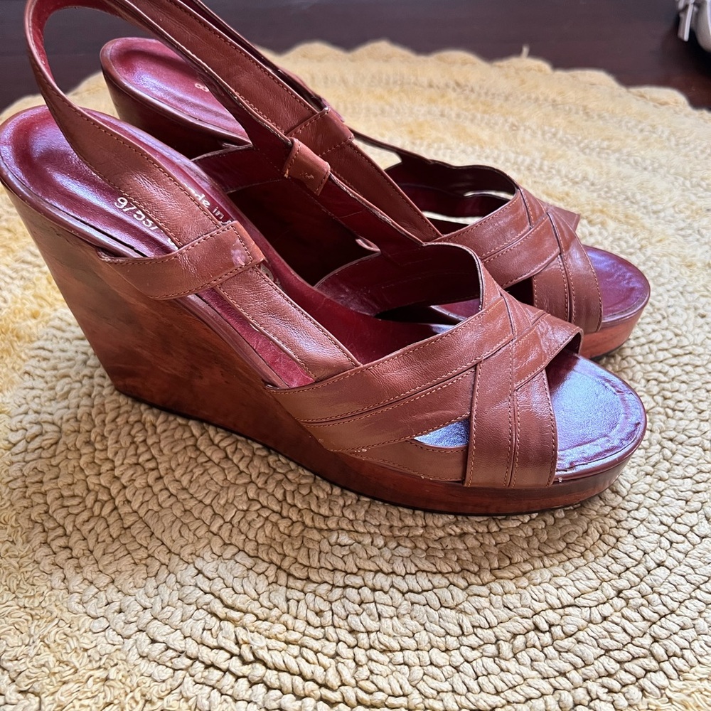 Vintage Brown Leather and Wood Wedge Platform Sandals